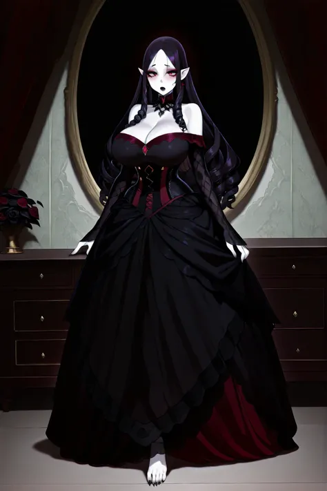Mature gothic vampire woman with big breast. She has white skin and pointed ears. she has glowing in the dark crimson red eyes. She has elegant plump black lips and pearly vampire fangs. She has dark Gothic makeup with burgundy eyeshadow. She has black-pur...
