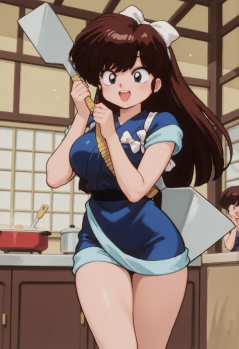 uk (ranma 1/2), dark brown hair, long hair, ojos cafes, Big breasts, NSFW,  sexy hips, sexy waist, kitchen utensils, carrying a giant spatula, Japanese restaurant, by day, alone, without people in the background, pretty woman, Cute anime girl, blushed, de ...