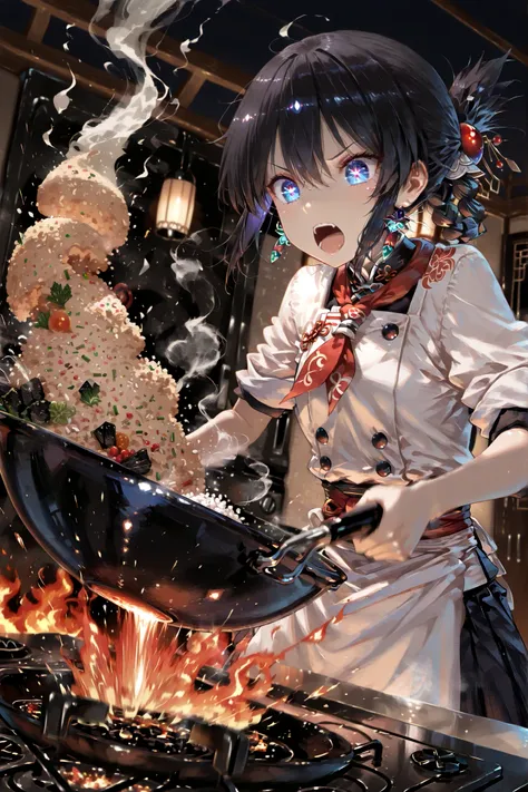 (masterpiece, detailed:1.2), ultra detailed, anime illustration, dynamic action scene, highest quality, Ultra High Quality, k, Beautiful and delicate anthropomorphic girl, 
a chef skillfully cooking fried rice with a large Chinese wok, 
the wok lifted high...