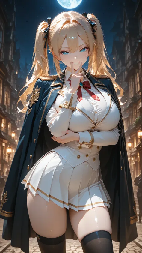 masterpiece,Highest Quality,1 girl,twin tails,Blonde,blue eyes,Line of sight,laugh gently,v over mouth,shiny skin,contrapposto,standing with arms crossed,Black military uniform,Napoleon Jacket,standing collar ,black design shirt,pleated skirt,Waist-length ...