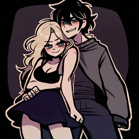 score_9,score_8,score_7,source_general,
by nemlei,the coffin of andy and leyley,1girl,1boy, Andrew Graves,arm around waist, arm around shoulder,looking at viewer,down perspective,on a bedplayful silly smirk,blonde long hair, blue eyes,messylong hairstyle,m...