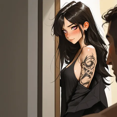 masterpiece, best quality, very aesthetic, movie quality, depth of field, soft saturation, focused subject, ,official style, shiny skin,1girl, long hair, long black hair, pastel pink_eyes, swept bangs, tattoos, feline eyeliner, e-girl, slender body,, (M1lk...