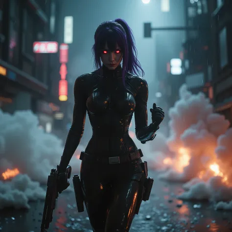 female android assassin, Midnight ,Cyberpunk City with Violent Explosions and White Smoke,Ready to fight、Look at me a little while running, (Highest Quality,4K,8k,high resolution,masterpiece:1.2),super detailed,(Realistic,photoRealistic,photo-Realistic:1....