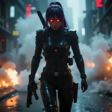 female android assassin, Midnight ,Cyberpunk City with Violent Explosions and White Smoke,Ready to fight、Look at me a little while running, (Highest Quality,4K,8k,high resolution,masterpiece:1.2),super detailed,(Realistic,photoRealistic,photo-Realistic:1....