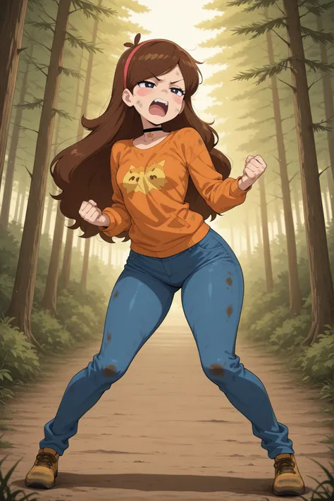 Mabel Pines, blush stickers, brown hair. black eyes. half-closed eyes, small breasts, huge hips. long eyelashes, choker. | masterpiece, anime coloring, newest, Yang Xiao Long, Main Outfit, solo, open mouth, tree, nature, clenched hands, forest, fighting po...