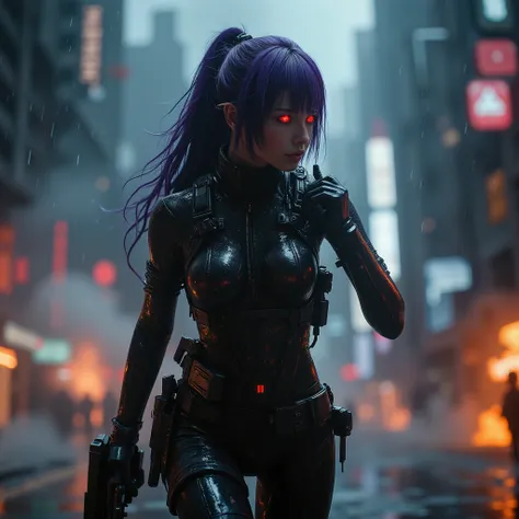 female android assassin, Midnight ,Cyberpunk City with Violent Explosions and White Smoke,Ready to fight、Look at me a little while running, (Highest Quality,4K,8k,high resolution,masterpiece:1.2),super detailed,(Realistic,photoRealistic,photo-Realistic:1....