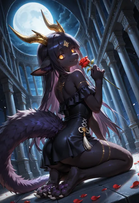 alone, score_9,score_8_up,score_7_up, anthro, female, Eothos, looking at viewer, fluffy fur, furred dragon, golden mark on forehead, front half of body black with golden stripes, black long black ears, long straight golden horns, golden glowing eyes withou...