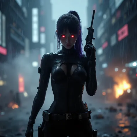 female android assassin, Midnight ,Cyberpunk City with Violent Explosions and White Smoke,Ready to fight、Walk over here, (Highest Quality,4K,8k,high resolution,masterpiece:1.2),super detailed,(Realistic,photoRealistic,photo-Realistic:1.37),dramatic lighti...