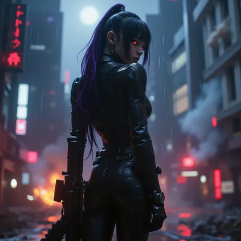female android assassin, Midnight ,Cyberpunk City with Violent Explosions and White Smoke,Ready to fight、Walk over here, (Highest Quality,4K,8k,high resolution,masterpiece:1.2),super detailed,(Realistic,photoRealistic,photo-Realistic:1.37),dramatic lighti...