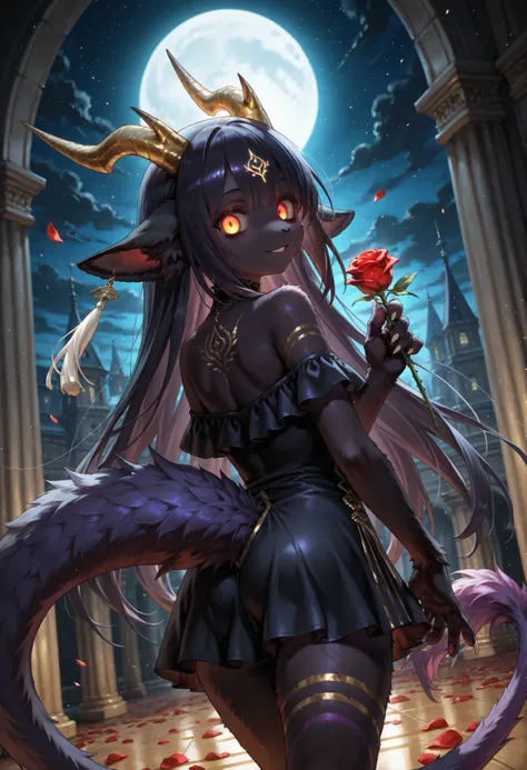 alone, score_9,score_8_up,score_7_up, anthro, female, Eothos, looking at viewer, fluffy fur, furred dragon, golden mark on forehead, front half of body black with golden stripes, black long black ears, long straight golden horns, golden glowing eyes withou...