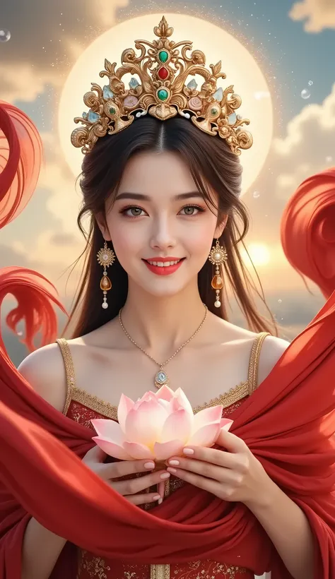 Flying,flowing red silk, A beautiful goddess with a golden cloud and sky background,Portrait of a very beautiful girl,Statue of Tara Bodhisattva , red eyeshadow, red face ,Red lips,,front, skin details ,Fine hair。Crown(Dot emerald +Cloisonne+ filigree enam...