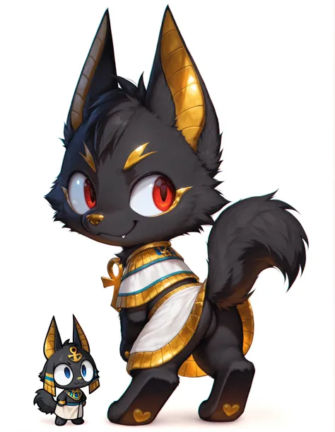chromatic aberration, depth of field, Anubis, wolf furry, boys only, with tall upright ears, very small red pupils, huge eyes, golden nose, golden eyebrows, ancient Egyptian style short robe, golden stripes and blue trims, wearing a large golden Ankh cross...