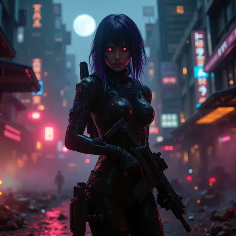 female android assassin, Midnight ,Cyberpunk City with Violent Explosions and White Smoke,intense shootout with lots of bullets flying around, (Highest Quality,4K,8k,high resolution,masterpiece:1.2),super detailed,(Realistic,photoRealistic,photo-Realistic...