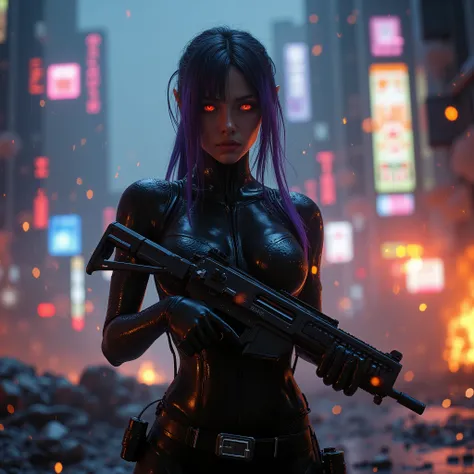 female android assassin, Midnight ,Cyberpunk City with Violent Explosions and White Smoke,In the midst of a fierce shootout with lots of bullets flying around, (Highest Quality,4K,8k,high resolution,masterpiece:1.2),super detailed,(Realistic,photoRealisti...