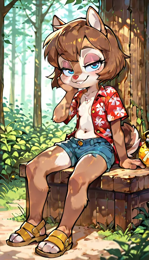 score_9, score_8_up, score_7_up, score_6_up,, hi_res, furry_source, absurdres, masterpiece, best quality, amazing quality, Chip'n Dale Rescue Rangers, 1girl, solo, alone, Femdale, furry, anthro, chipmunk girl, brown fur, blue eyes, chipmunk tail, red nose,...