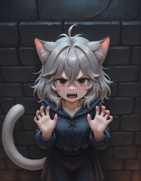 slvrfxstyleil,, 1girl, petite, (skinny and frail:0.7), cat girl, against wall, stone wall, brown eyes,looking at viewer, grey hair, medium hair, messy hair, angry, (scared:0.4), (open mouth:0.5), fangs, hands up, (tearing up:0.5), tail raised, torn clothes...