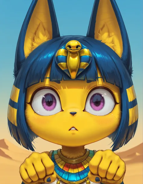 slvrfxstyleil,, depth of field, 1girl, furry, ankha \(animal crossing\), expressionless, eye reflection, yellow background, yellow theme, blue background, desert,, purple eyes, glowing eyes, wide-eyed, paw pose, looking at viewer, close-up, parted lips,