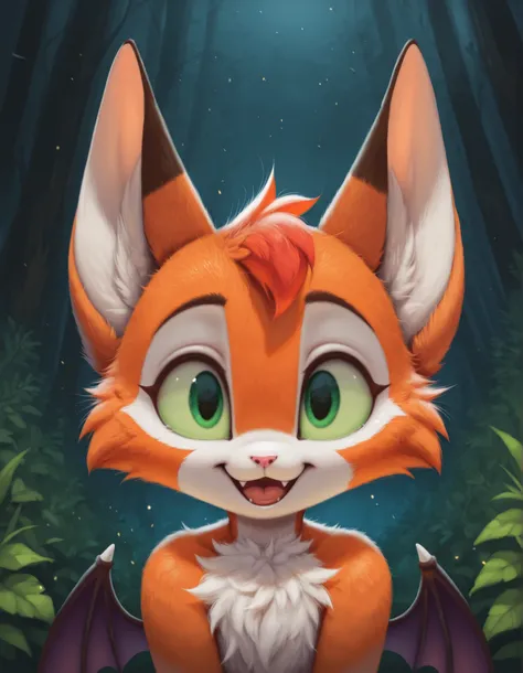 slvrfxstyleil,, masterpiece, best quality, very aesthetic, (1girl:0.7),, (solo:1.3), furry, fidget \(elysian tail\), nimbat, fidget_daet, anthro, furry female, wings, tail, green eyes, colored sclera, bat wings, facial markings, orange fur, white fur, two-...