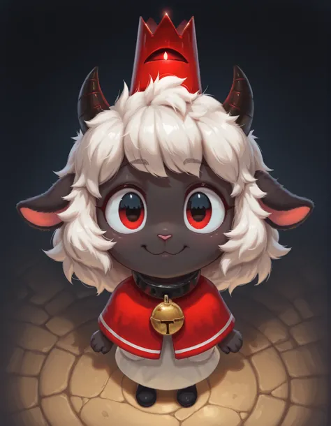 slvrfxstyleil,, masterpiece, best quality, very aesthetic, 1girl, solo, cult of the lamb, sheep girl, collar, horizontal pupils, red/black eyes, red crown,