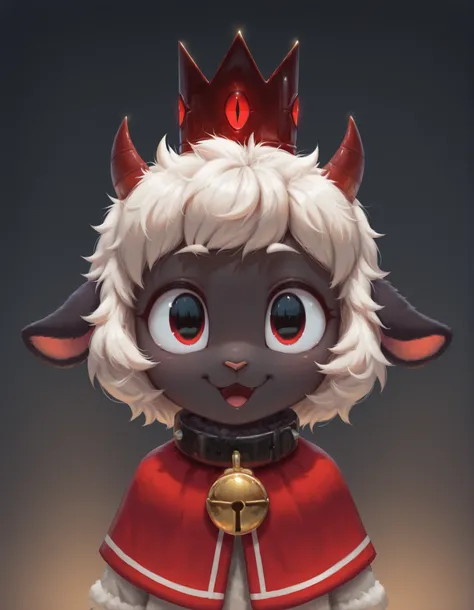 slvrfxstyleil,, masterpiece, best quality, very aesthetic, 1girl, solo, cult of the lamb, sheep girl, collar, horizontal pupils, red/black eyes, red crown,