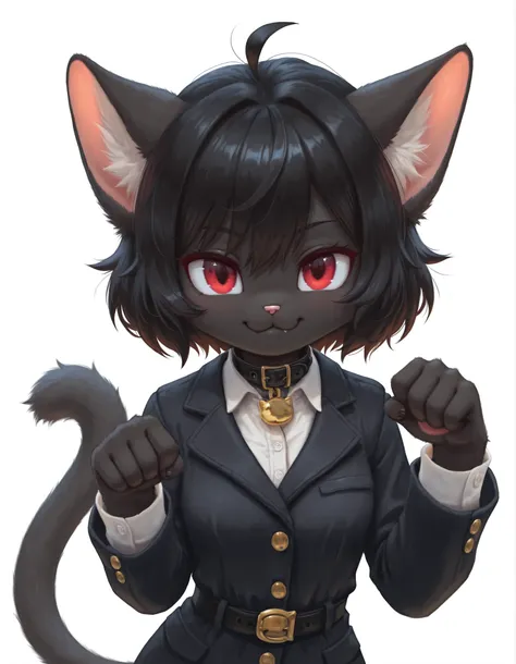 slvrfxstyleil,, masterpiece, best quality, very aesthetic, 1girl, solo, white background, looking at viewer, portrait, paw pose, :3, furry female, cat girl, animal ears, black hair, short hair, black skin, red eyes, cat tail, black jacket, buttons, long sl...
