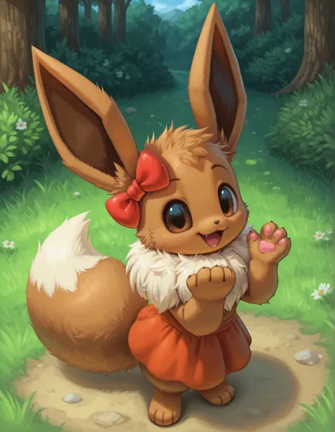 slvrfxstyleil,, pokekid, eevee, fluffy girl, furry girl, female, smile, smiling, has a big pretty bow in her hair, has animal paws for hands, 1girl, best quality, outdoors, high definition, cute,