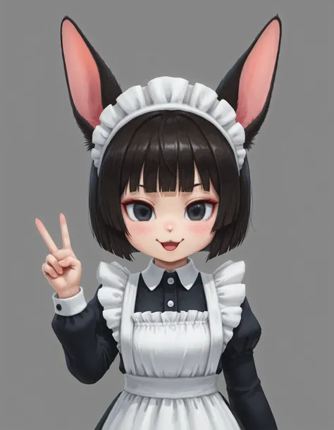 slvrfxstyleil,, solo, Maya Hell,black eyes,dark hair,bob cut,Maid Outfit、White Apron、White Headdress、 with rabbit ears、cafe