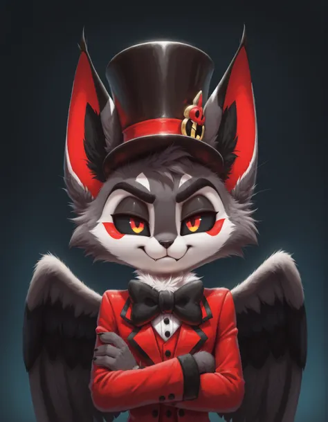 slvrfxstyleil,, silverfox5213, (solo:1.3), husk_(hazbin_hotel), domestic_cat, felid, feline, accessory, anthro, black_sclera, bow_tie, clothing, crossed_arms, daww, eyebrows, fluffy, hat, headgear, headwear, 1male, thick_eyebrows top_hat, wings,