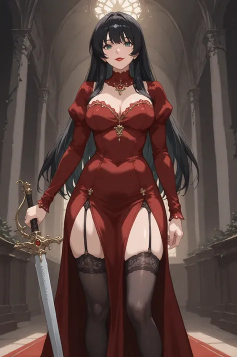 (red lips), (((1 girl))), black stockings, ((standing straight)), smile,(((solo girl))), high detail, masterpiece, castle room, holding a sword in her hand, in the castle room there are vines all over the room and they bloom like a red poppy,red dress, gre...
