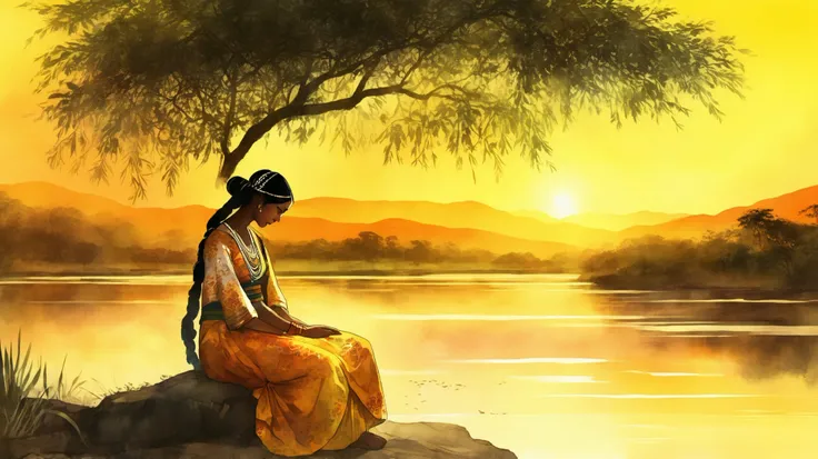 weeping Brazilian woman in traditional dress, tears flowing into mighty river, São Francisco landscape, golden sunset, folklore illustration, mystical atmosphere, watercolor painting style, emotional expression by Ai Yazawa