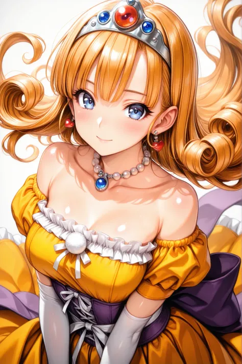 (ultra detailed),Upper Body Up、Prairie
(masterpiece),(best quality),Anime 、pastel color,Anime,shiny skin,Dragon Quest,Lola,Princess,letter detailed beautiful blonde hair,long hair,curl hair,Blunt Bang,bangs between eyes,Tiara,hair ornament,floating hair、be...