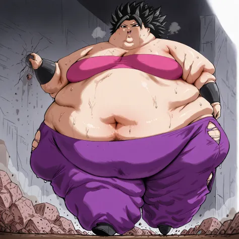 ultra-detailed, anime style, highly expressive, caulifla, black hair, black eyes, spiked hair, sexy expression, innocent, , soft lighting, mature female, medium breasts, sweating, wet body,  smug, blunt bang, midriff, pink tube top, purple pants, puffy pan...