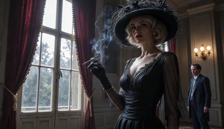 Inside a dimly lit, opulent but decaying mansion, the woman stands in focus near a tall window where faint moonlight filters through heavy velvet curtains. She wears a striking black satin dress with lace details and sheer sleeves, paired with a wide-brimm...