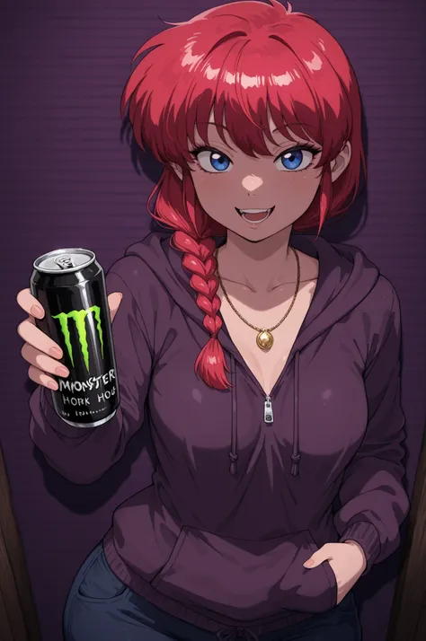 Ranma Saotome. red hair. blue eyes. braid. small breasts. wide hips. necklace. black eyeliner. pink manicure. |  A monster house on a neighborhood with houses (Dark color palette:1.3)(Low key lighting:1.3)(rp_slgd), masterpiece, best quality, realistic,  f...