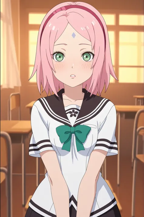 Sakura Haruno. small breasts, huge hips, pink hair, medium hair, light green eyes, thin lips, very fair skin, big forehead. | anime screencap, score_9, score_8_up, score_7_up, source_anime BREAK dwreiko, 1girl, solo, indoors, classroom BREAK school unifo...