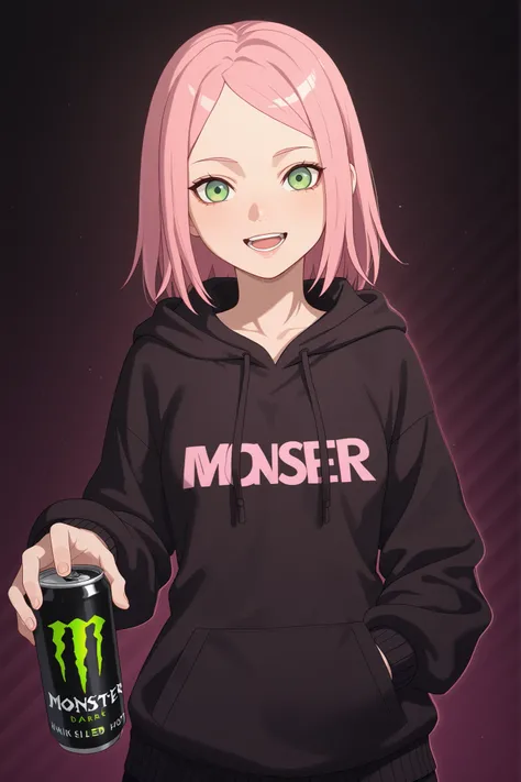 Sakura Haruno. small breasts, huge hips, pink hair, medium hair, light green eyes, thin lips, very fair skin, big forehead. |    A monster house on a neighborhood with houses (Dark color palette:1.3)(Low key lighting:1.3)(rp_slgd), masterpiece, best qualit...