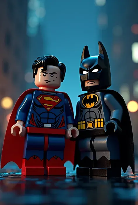 Lego art version of Superman and Batman，Night scene