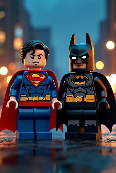 Lego art version of Superman and Batman，Night scene