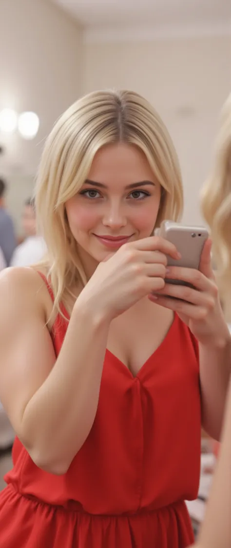 high-definition images、getting ready for a date in front of a mirror、Blonde 21 year old、with white ダウンのblouson on top、beautiful girl in red dress smiling and looking at camera、全身high-definition images、