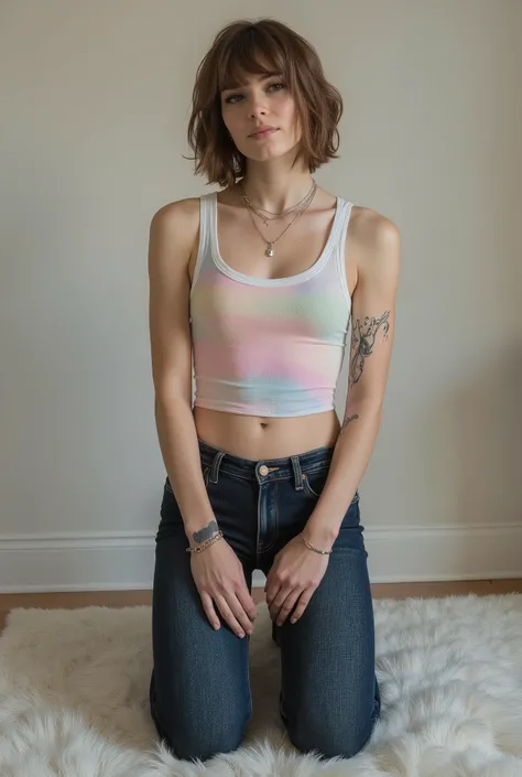 young cute skinny femboy, full body shot, white european, androgynous, crossdressing, slender petite build, flat chest, narrow hips, smooth light skin, no body hair, soft facial features, winged eyeliner, submissive devote expression, alluring, short tousl...