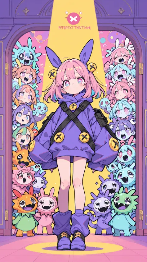 Cute girl in monster costume, full body, inside a cozy room, living together with real monsters, surrounded by friendly monsters, green monster, orange monster, light blue monster, various colorful monster types, cozy and playful atmosphere, monsters showi...