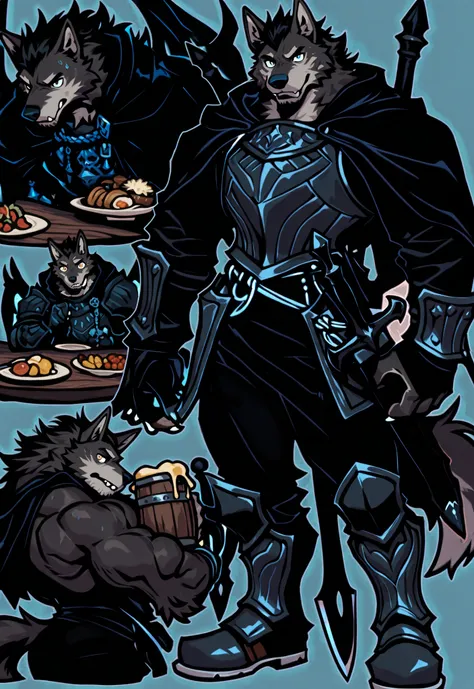 Experienced furry character reference sheet adoptable for Hyper, masterpiece , modern day alternate universe, tavern background, full body, multiple views , best quality , masterpiece , masculine , character sheet , dungeon & dragons , visual novel , featu...