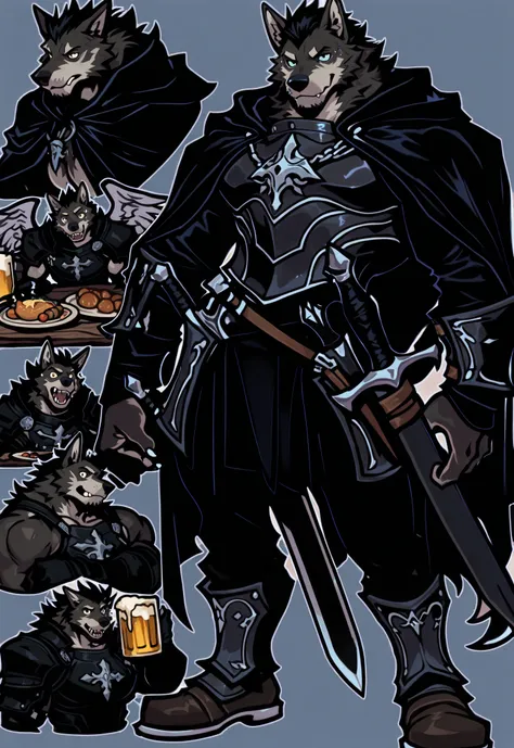 Experienced furry character reference sheet adoptable for Hyper, masterpiece , modern day alternate universe, tavern background, full body, multiple views , best quality , masterpiece , masculine , character sheet , dungeon & dragons , visual novel , featu...