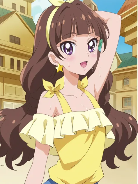 Highest Quality,masterpiece,viewersを見る,soft touch,Delicate Body Curves,Realistic Human Body, Show me your armpits,sweat,, wet skin,kirara, Casual, score_9, score_8_ up the side, score_7_ up the side, Official Art, anime screencap, source_anime, 1 gi...