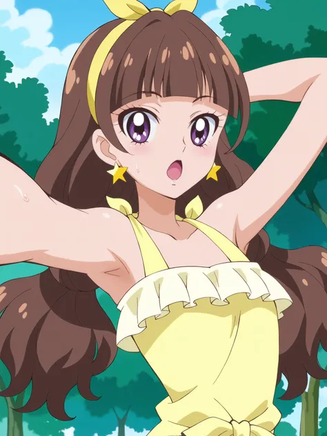 Highest Quality,masterpiece,viewersを見る,soft touch,Delicate Body Curves,Realistic Human Body, Show me your armpits,sweat,, wet skin,kirara, Casual, score_9, score_8_ up the side, score_7_ up the side, Official Art, anime screencap, source_anime, 1 gi...