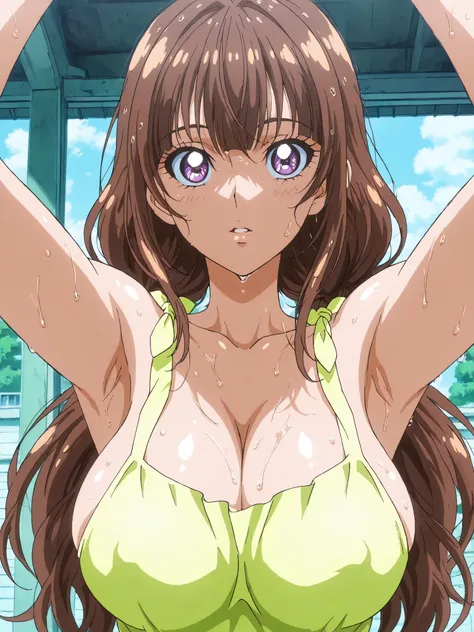Highest Quality,masterpiece,stares at viewers,soft touch,Delicate Body Curves,Realistic Human Body, Show me your armpits,sweat,, wet skin,kirara,  Casual,  score_9,  score_8_ up the side,  score_7_ up the side,  Official Art, anime screencap,  source_anime...