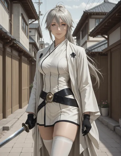 pseudo-realistic, semi-realism, realism, realistic, masterpiece, best quality, amazing quality, absurdres, newest, 1girl, solo, mm, mature female, long hair, ponytail, ahoge, grey hair, grey eyes, breasts, japanese clothes, gloves, white thighhighs, belt, ...