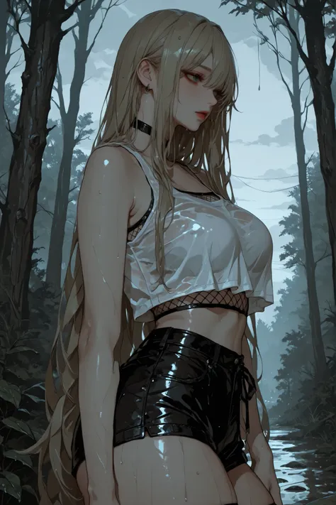 Curvy stylish girl, wearing shorts with fishnets and a tight cropped tank top with very very long hair standing in a rainy forest on a dark cloudy day. Emotional atmosphere, close up. Detailed eyes, beautiful face. Side view. 