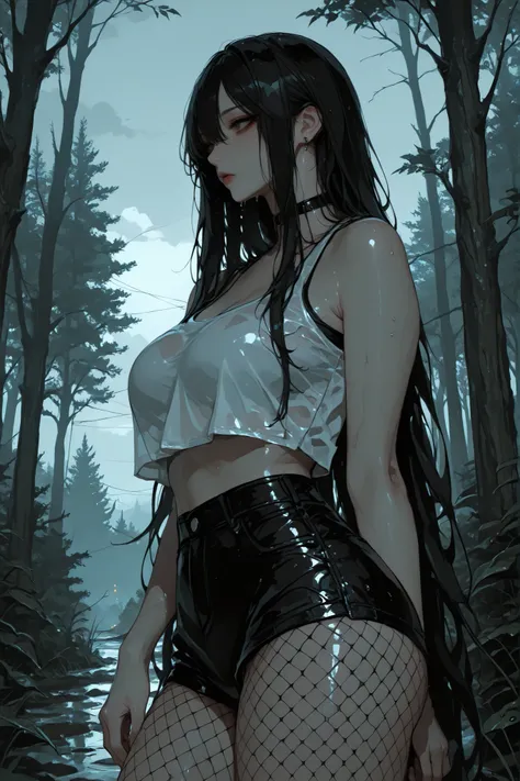 Curvy stylish girl, wearing shorts with fishnet tights and a tight cropped tank top with very very long hair standing in a rainy forest on a dark cloudy day. Emotional atmosphere, close up. Detailed eyes, beautiful face. Side view. 