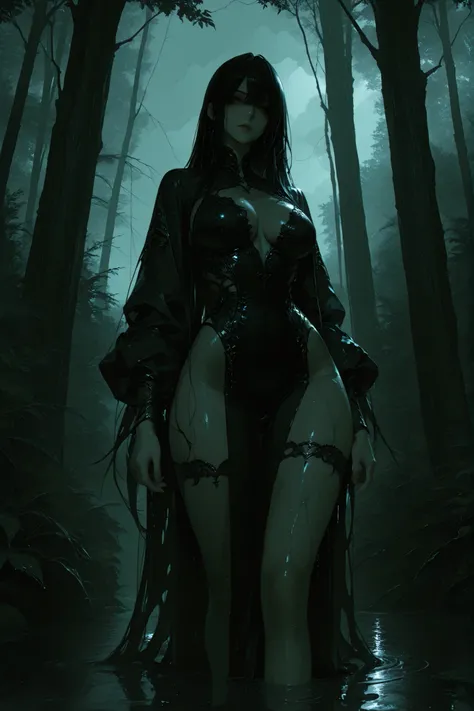 curvy stylish girl with very very long hair standing in a rainy forest on a dark cloudy day, 8k, cinematic,, dramatic lighting, intricate details, high-definition, digital art, unreal engine, ray tracing, volumetric lighting, wet environment, lush foliage,...